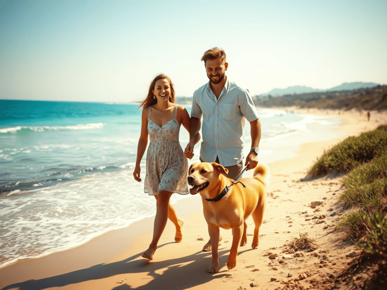Pareja con su perro en la playa dogfiendly