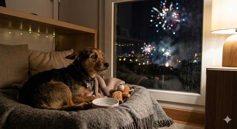 Perro asustado por los petardos de la noche de San Juan